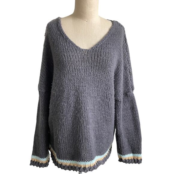 Chunky Drop Shoulder Sweater Charcoal Gray Boho Artisan Cozy Fall Pullover - Picture 2 of 7